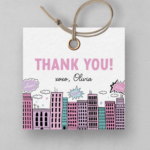 Girl Superhero Favor Tag Girl Superhero Thank You Tag Hero Birthday Party Girl Power Superhero Digital Editable Template INSTANT DOWNLOAD