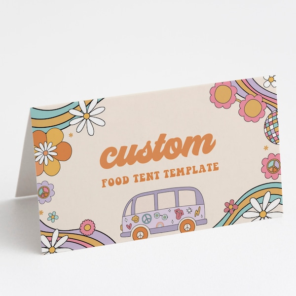 Groovy Birthday Food Tents Retro Festival Birthday Food Cards Hippie Vibe 70s Party Editable Digital Template Instant Download