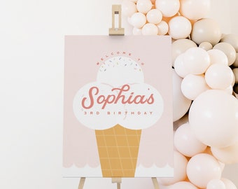 Signo de bienvenida de cumpleaños de helado editable, signo de fiesta social de helado, plantilla digital imprimible de cono de helado pastel Descarga instantánea