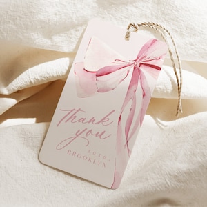 Etichetta per bomboniera con fiocco rosa, etichetta di ringraziamento con fiocco, etichetta di compleanno, modello digitale modificabile con nastro acquerello rosa minimalista rosa cipria per compleanno