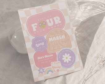 Groovy Four Ever Young Birthday Invitation: Checkered Smiley Design (Digital Download)
