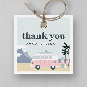 Modern Surf Favor Tag, Surf Girl Birthday, Girl Surfing Party Decorations, Retro Pink Surf Templates, INSTANT DOWNLOAD
