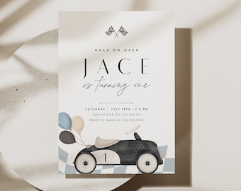 Vintage Race Car Birthday Invitation, Fast One, Two Fast, Any Age, Editable Digital Template, INSTANT DOWNLOAD