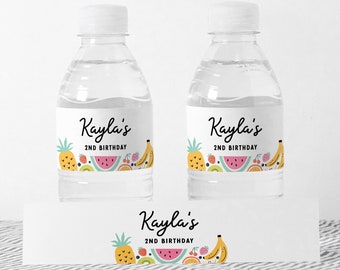 Etiquetas para botellas de agua Two-tti Frutti: Fiesta de cumpleaños tropical (Descarga instantánea)