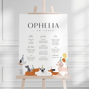 Plantilla de letrero de hito para perros, fiesta de cumpleaños de cachorros, cumpleaños con temática de perros modernos, plantilla Corjl de descarga digital editable