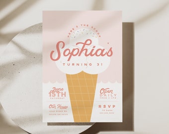 Editable Ice Cream Birthday Invitation Summer Invite Here's the Scoop Cone Pastels Printable Digital Template Instant Download