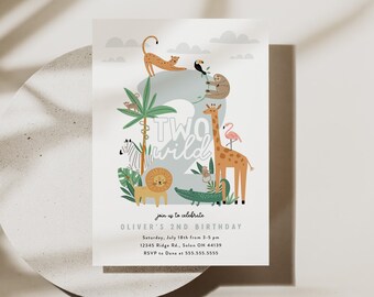 Two Wild Birthday Invitation: Jungle Animals, Boy 2nd Birthday (Digital Editable Template)