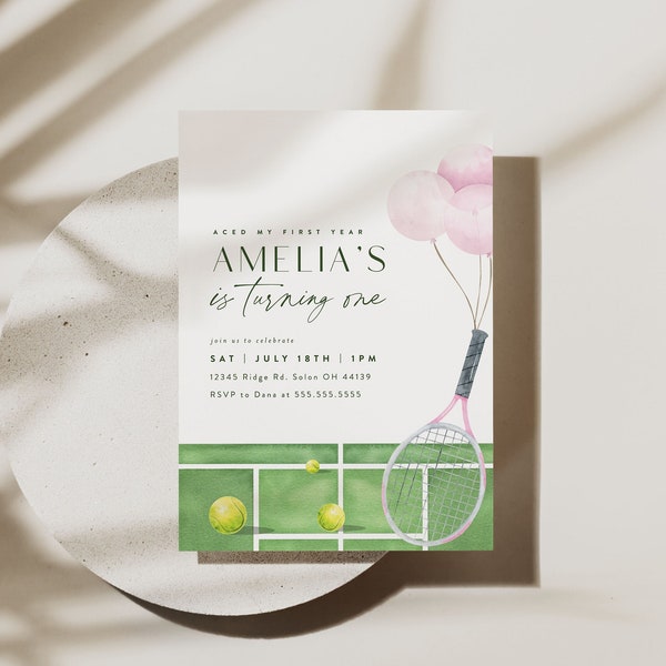 Tennis Birthday Invitation, Tennis Ball Invitation, Pink Watercolor Tennis Party Invitation,  Editable Digital Template INSTANT DOWNLOAD