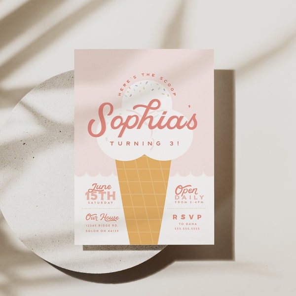 Editable Ice Cream Birthday Invitation Summer Invite Here's the Scoop Cone Pastels Printable Digital Template Instant Download
