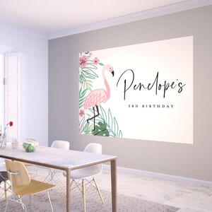 Banner de aniversário com flamingo: decoração para festa tropical (DOWNLOAD INSTANTÂNEO)