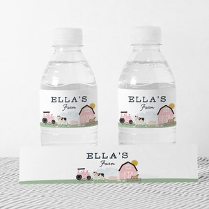 Girl Farm Birthday Water Bottle Labels, Farm Animals, Pink Barnyard Party, Modern Farm Water Label, INSTANT DOWNLOAD