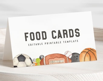 Editable Sports Food Cards, Sports Birthday Food Tents, Basketball, Football, Soccer, Baseball, Editable Template