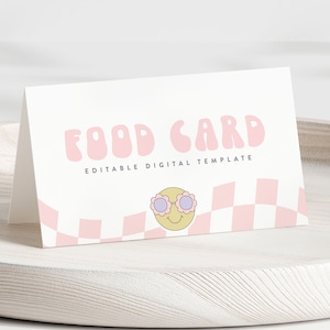 Smiley Food Card Template, Checkered Pink Smiley Food Tents, Girl Birthday, Sunglasses Smiley Face Printables Editable Instant Download