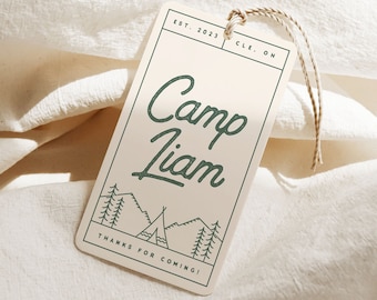 Happy Camper Favor Tag, Camp Thank You Tag, Summer Camp Birthday Party, Vintage Camping Editable Digital Template INSTANT DOWNLOAD