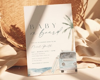 Baby aan boord uitnodiging, Surf Beach Baby shower bewerkbare uitnodigingssjabloon, zomer babyshower, afdrukbare uitnodiging, douche Evite