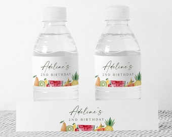 Etiqueta de botella de agua de frutas, cumpleaños de Two-tti Frutti, decoraciones de fiesta editables de Tutti Frutti, descarga instantánea