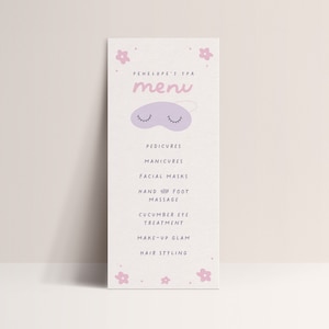 Spa Menu Template Girl Spa Birthday Party Menu Spa Party Slumber Glam Makeup Party Editable Digital Template INSTANT DOWNLOAD