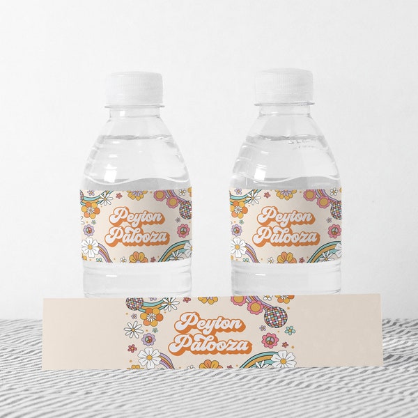 Groovy Birthday Water Bottle Labels Retro Festival Birthday Flower Hippie Party Vibe 70s Party Editable Digital Template Instant Download