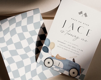 Vintage Blue Race Car Birthday Invitation, Fast One, Two Fast, Any Age, Editable Digital Template, INSTANT DOWNLOAD