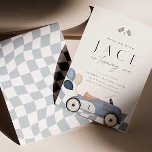 Invito di compleanno a tema auto da corsa blu d'epoca, Fast One, Two Fast, per qualsiasi età, modello digitale modificabile, DOWNLOAD IMMEDIATO
