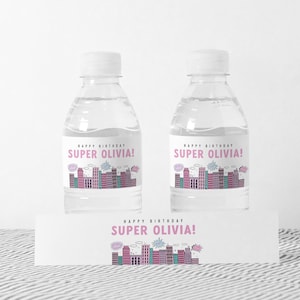 Girl Superhero Water Bottle Label Modern Girl Superhero Birthday Party Girl Power Superhero Digital Editable Template INSTANT DOWNLOAD