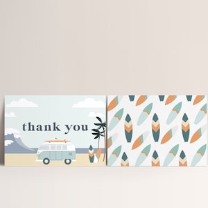 Cartão de agradecimento de surf moderno, decorações de aniversário de surf editáveis, festa de surf na praia, surf retrô, download instantâneo