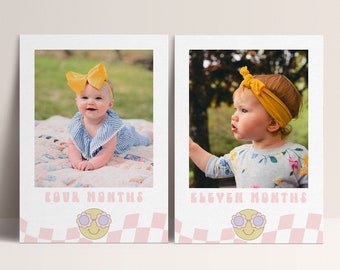 Smiley Face Photo Banner, Checkered Pink Smiley Bunting, Girl First Birthday, Retro Smiley Face Editable Template Instant Download