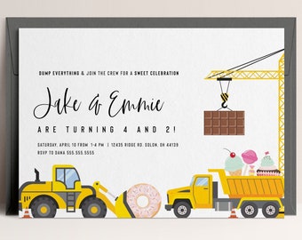 Sibling Birthday Invitations, Joint Birthday Invites, Construction Trucks, Two Sweet, Sweet One, Editable Invitation,  INSTANT DOWNLOAD