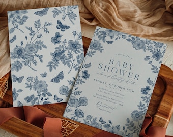 Dusty Blue Floral Baby Shower Invitation: Chinoiserie Toile (Editable Template)