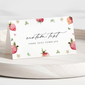 Carpas de comida de fresa editables, tarjetas de comida de fresa, tarjetas de lugar para baby shower con dulces frutos rojos, DESCARGA INSTANTÁNEA
