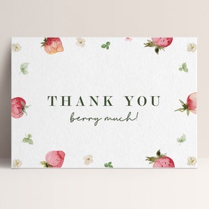 Strawberry Thank You Card, Berry First Birthday, Strawberry Party Decorations, INSTANT DOWNLOAD image 1