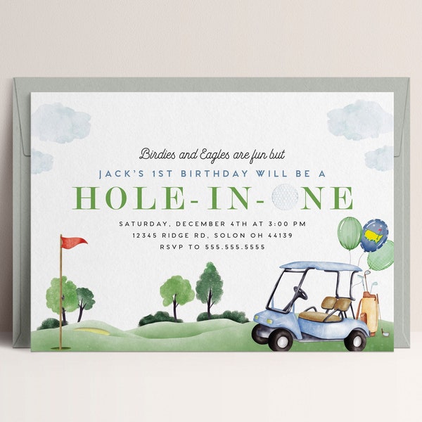 Golf First Birthday Invitation Hole in One Invitation Masters Golf Invitation Hole-in-One Party Editable Digital Template INSTANT DOWNLOAD