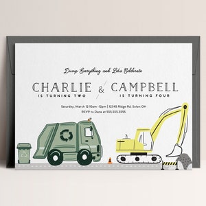 Faire-part d'anniversaire de frère ou de sœur, Faire-part d'anniversaire commun, Camions de construction, Camion à ordures, Faire-part modifiable, TÉLÉCHARGEMENT IMMÉDIAT