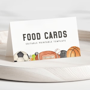 Sport-Geburtstags-Food-Karten, Sport-Food-Zelte, Basketball, Football, Fußball, Baseball, bearbeitbare Vorlage