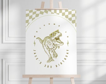 Retro T-Rex Birthday Welcome Sign: Checkered Design (Digital Template)