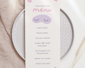 Spa Birthday Party Menu Template: Sleepover Pamper, Slumber Glam (Editable Printable Digital Download)