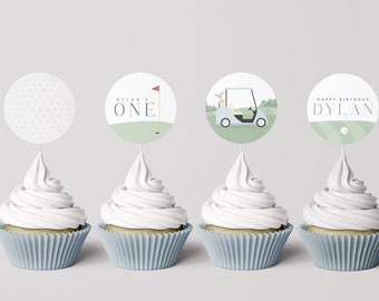 Golf Party Cupcake Toppers, Golf Par-Tee Topper, Hole-in-One Golf Birthday Printable Stickers, Editable Digital Template Instant Download