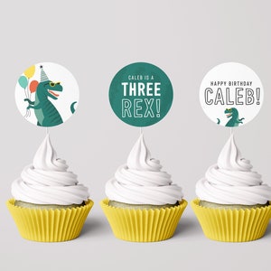 Editable Three Rex Dinosaur Toppers, T Rex Dinosaur Cupcake Toppers, Three Rex Birthday Decorations, INSTANT DOWNLOAD