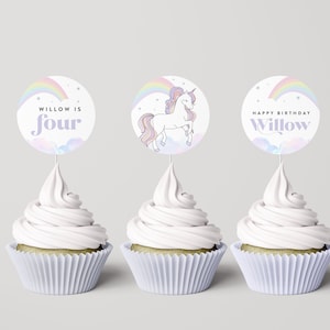Unicorn Rainbow Cupcake Toppers: Editable Birthday Party Decor (INSTANT DOWNLOAD)
