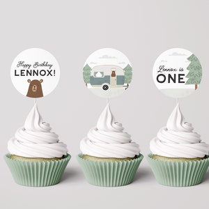 Editable Happy Camper Cupcake Toppers: Camping Birthday (Instant Download)