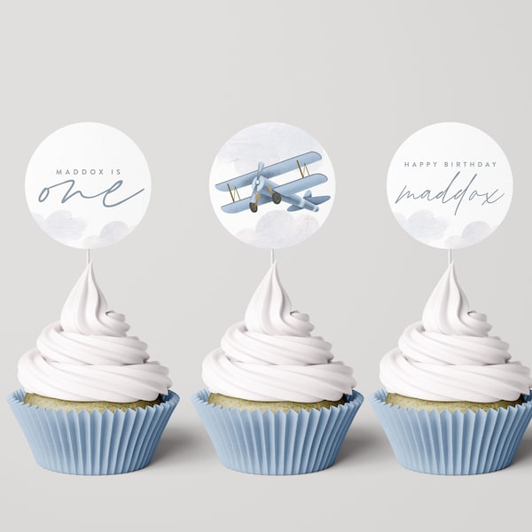 Airplane Cupcake Toppers, Modern Plane Design, Vintage Airplane, Aviation, Editable Template, INSTANT DOWNLOAD