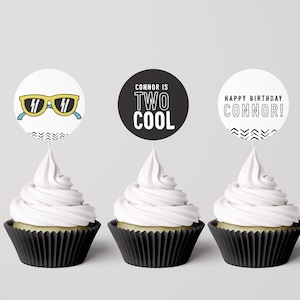 Two Cool Birthday Cupcake Toppers, Modern Two Cool Party Decorations,  Editable Template,  INSTANT DOWNLOAD