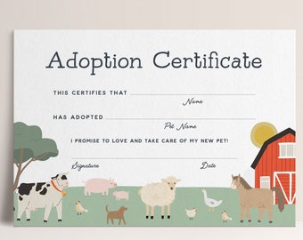 Farm Animals Adoption Certificate,  Farm Birthday Pet Adoption | Instant Download, Not Editable, Digital File