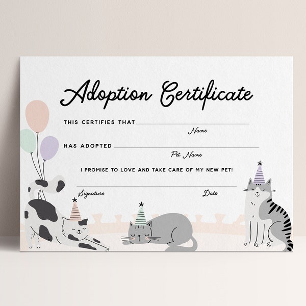 Lets Pawty Adoption Certificate, Kitty Cat Party, Instant Download, Not Editable, Digital File