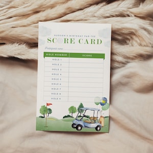 Bewerkbare golfscorekaart Verjaardag Par-Tee-spel Golfjongen Hole-in-One-activiteitenkaarten Afdrukbare sjabloon downloaden Digital Corjl