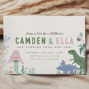 Dinosaurs and Mermaid Birthday Invitation Sibling Birthday Invitations Joint Birthday Editable Invitation Digital Template INSTANT DOWNLOAD