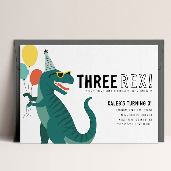 Three Rex Dinosaur Birthday Invitation Modern Tyrannosaurus Dinosaur Invitation Editable Digital Invitation Template INSTANT DOWNLOAD