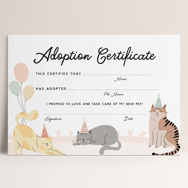Kitty Cat Adoption Certificate Kitty Cat Party Girl Birthday Kitty Cat Party Editable Corjl Template, Instant Download