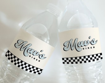 50s Diner Water Bottle Label Template: Retro Birthday Party (Digital Download)