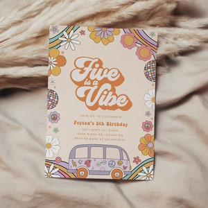 Retro 5th Birthday Invitation: Hippie Vibe Party (Editable Digital Invite)